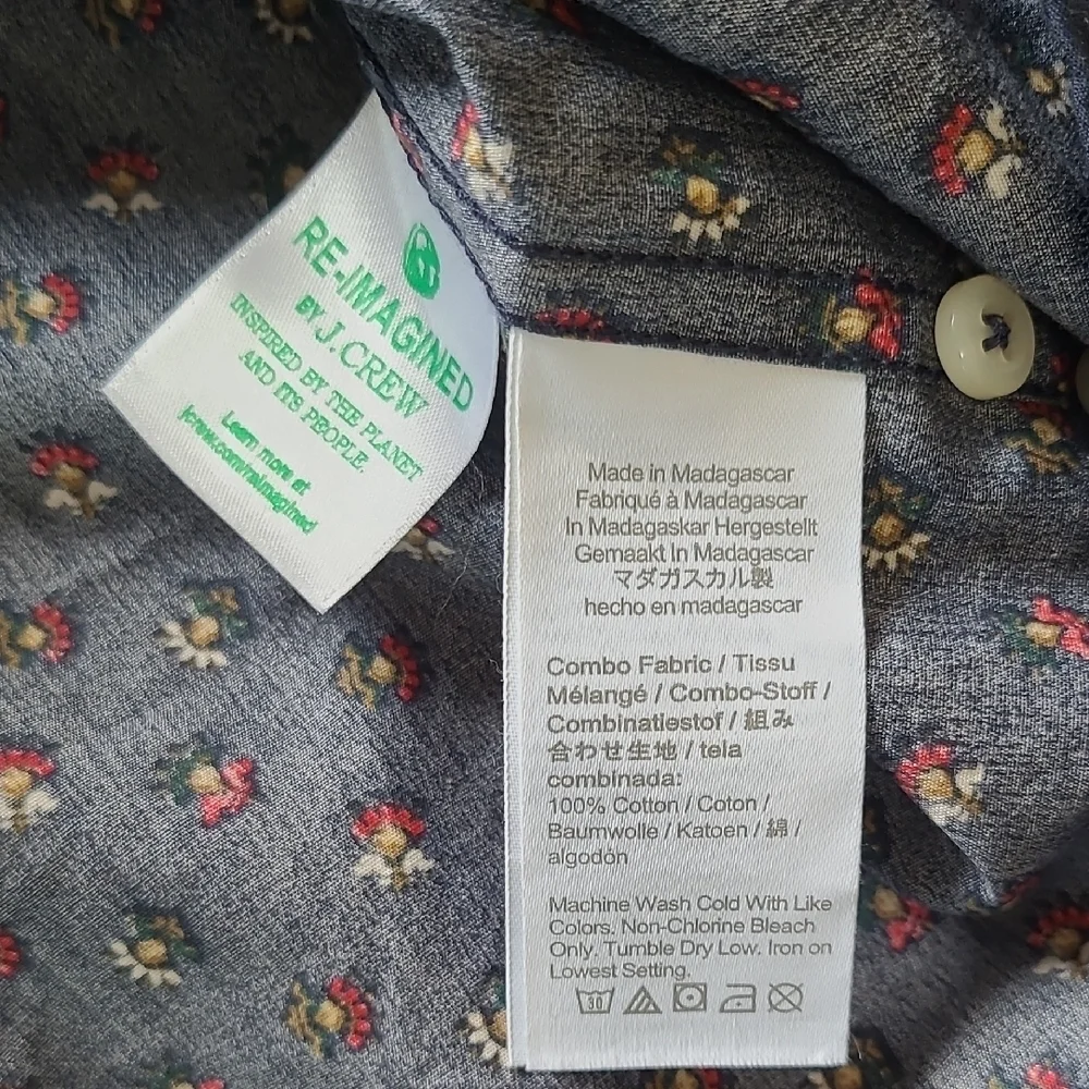 J. Crew Navy Floral Print Slim Untucked Secret Wash Cotton Shirt - Size M